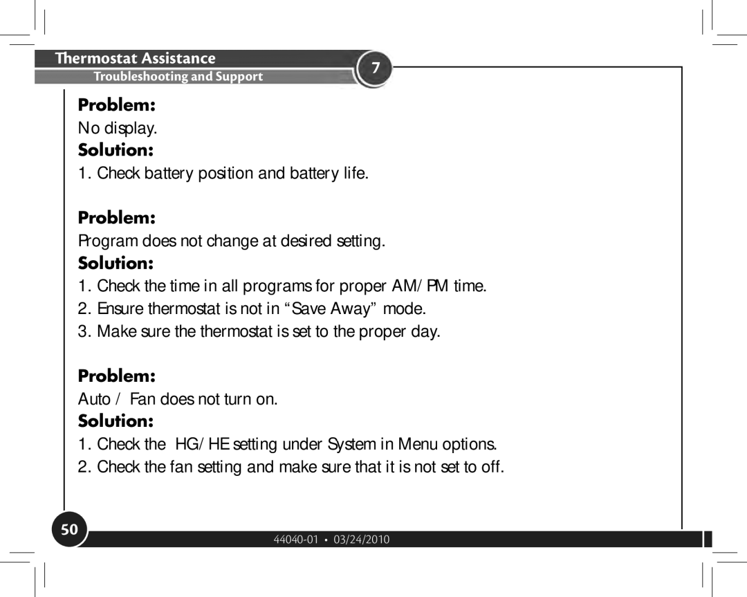 Hunter Fan 44905 owner manual Thermostat Assistance 