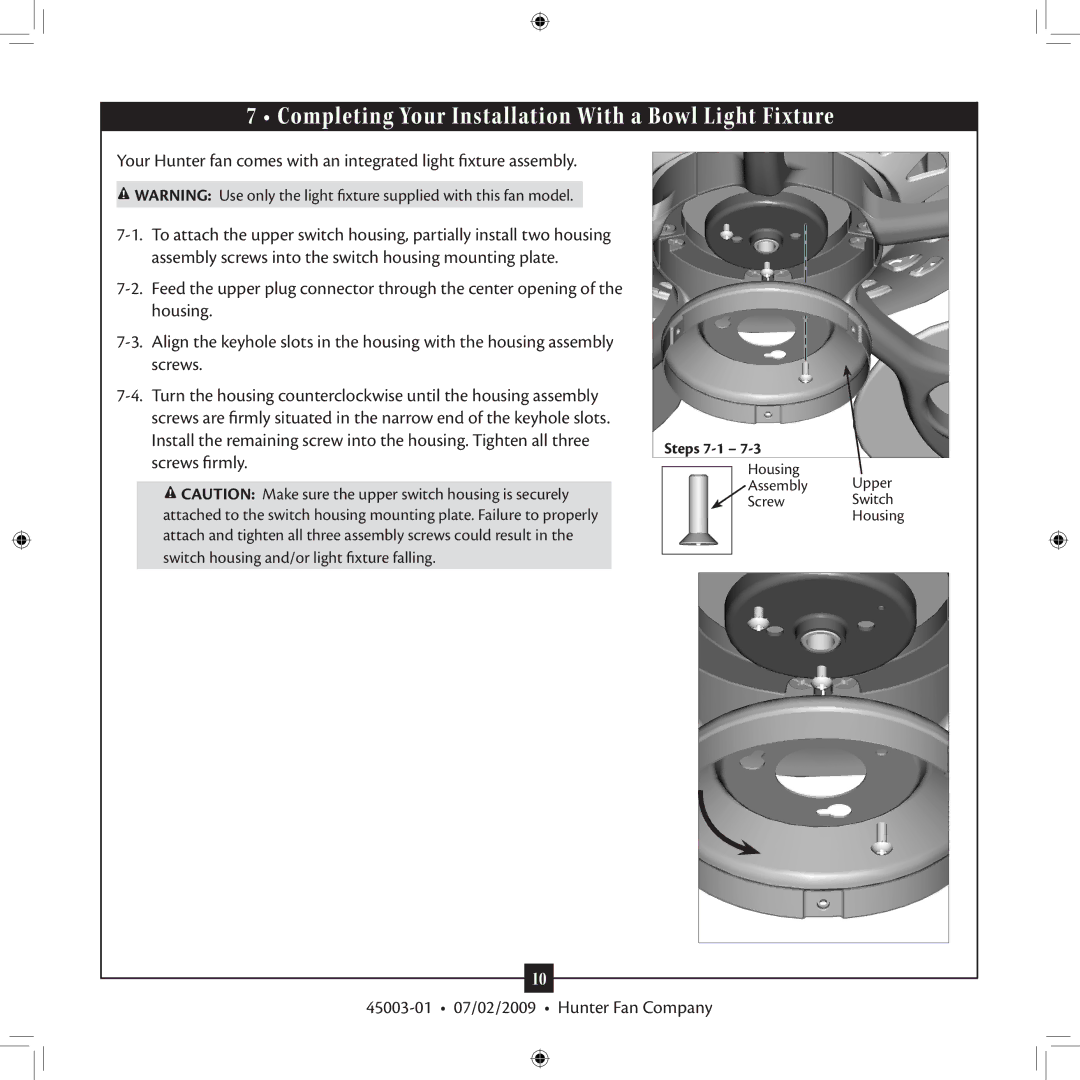 Hunter Fan 45003-01 installation manual Completing Your Installation With a Bowl Light Fixture 