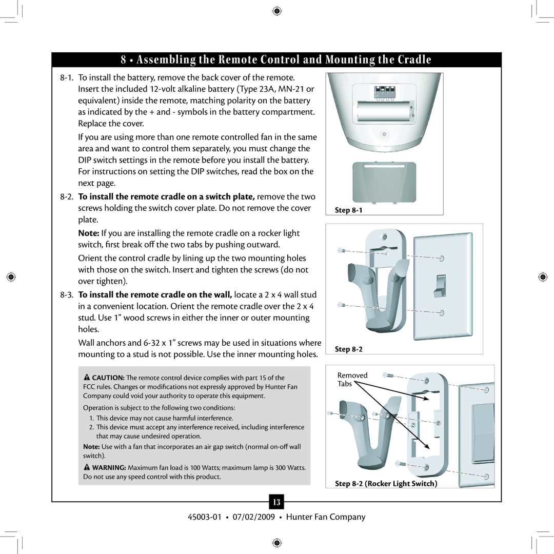 Hunter Fan 45003-01 installation manual Assembling the Remote Control and Mounting the Cradle 