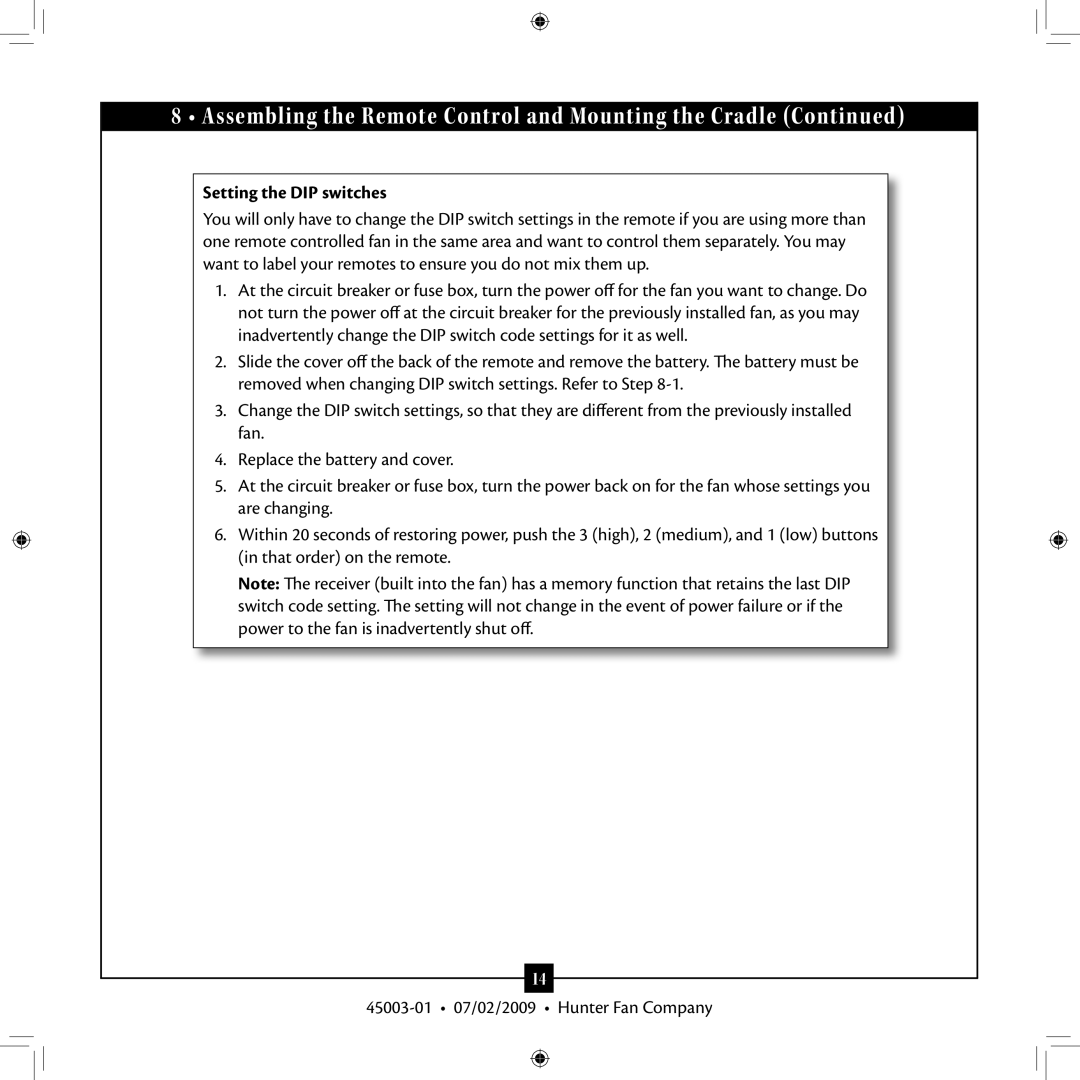 Hunter Fan 45003-01 installation manual Setting the DIP switches 