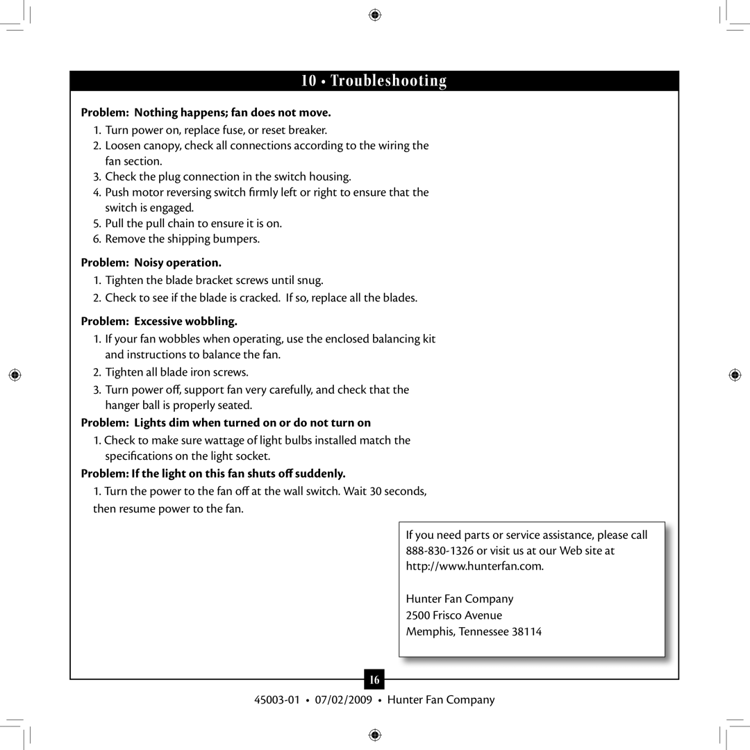 Hunter Fan 45003-01 installation manual Troubleshooting 