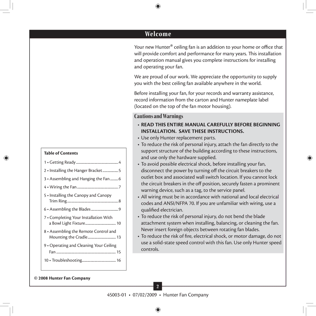 Hunter Fan 45003-01 installation manual Welcome 