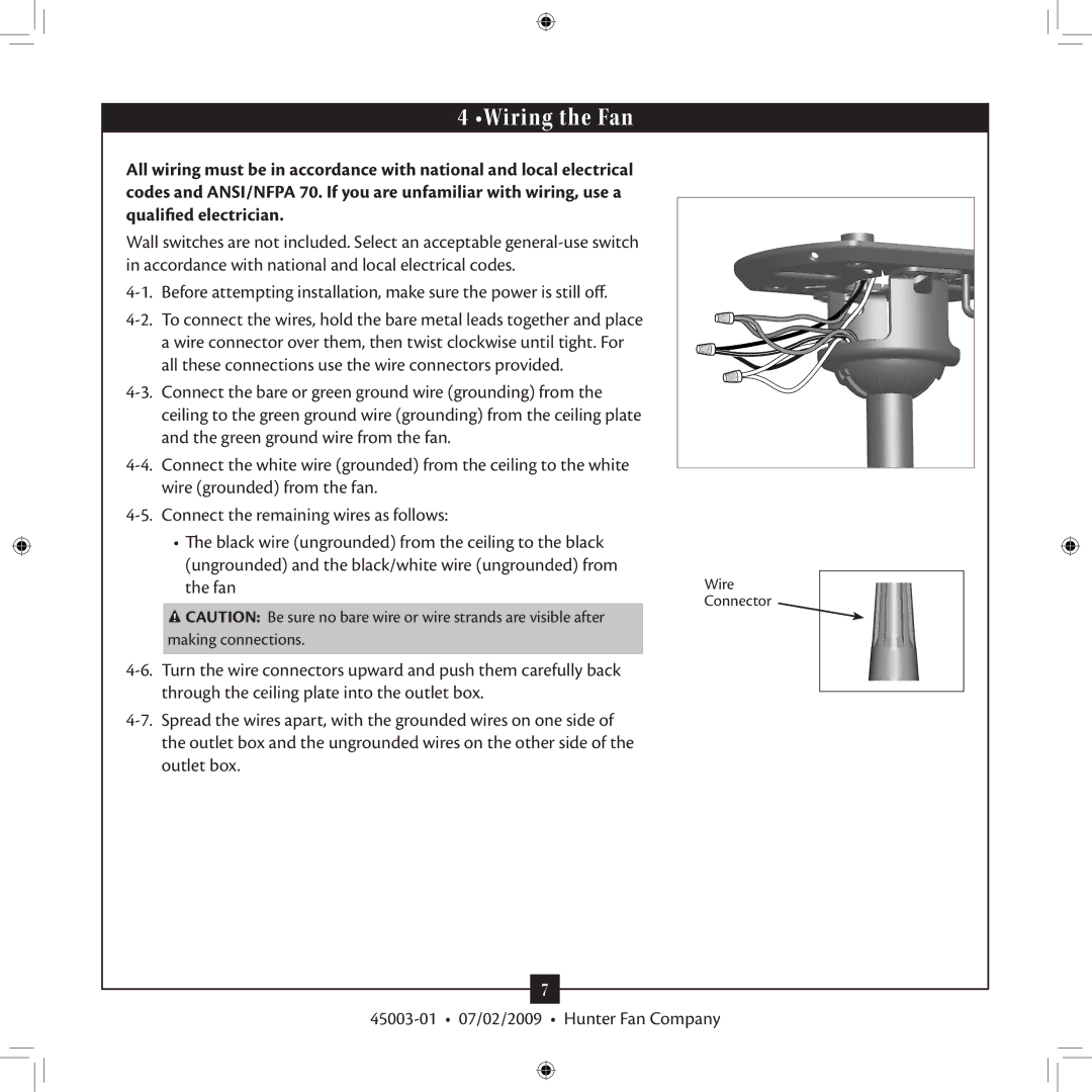 Hunter Fan 45003-01 installation manual Wiring the Fan 