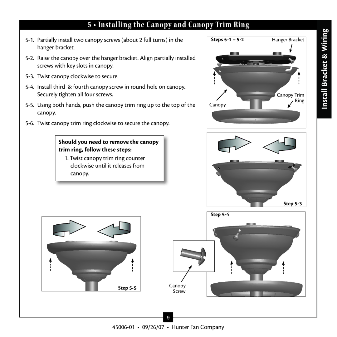 Hunter Fan 45006-0109 warranty Installing the Canopy and Canopy Trim Ring, Bracket & Wiring 