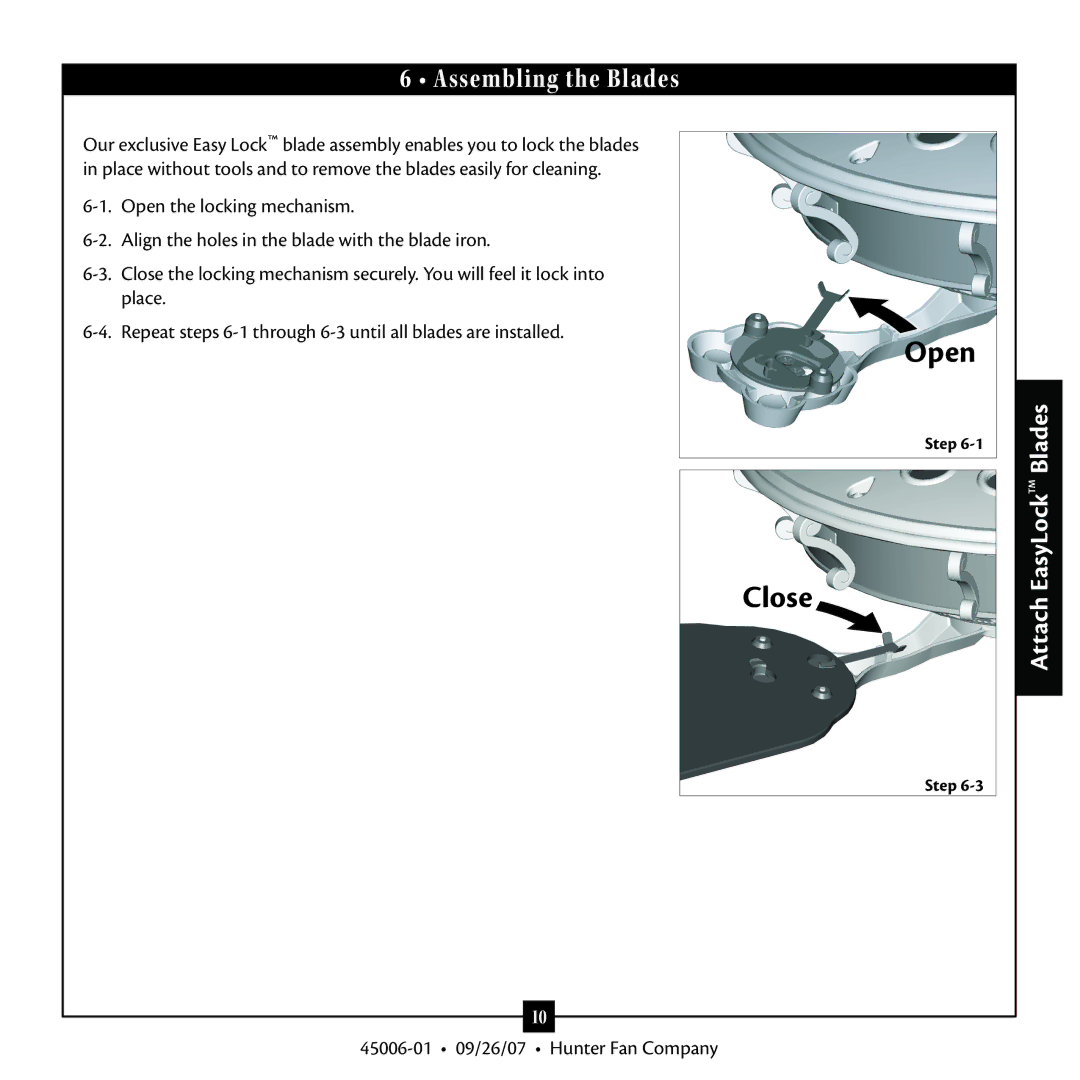 Hunter Fan 45006-0109 warranty Close Open, Assembling the Blades 