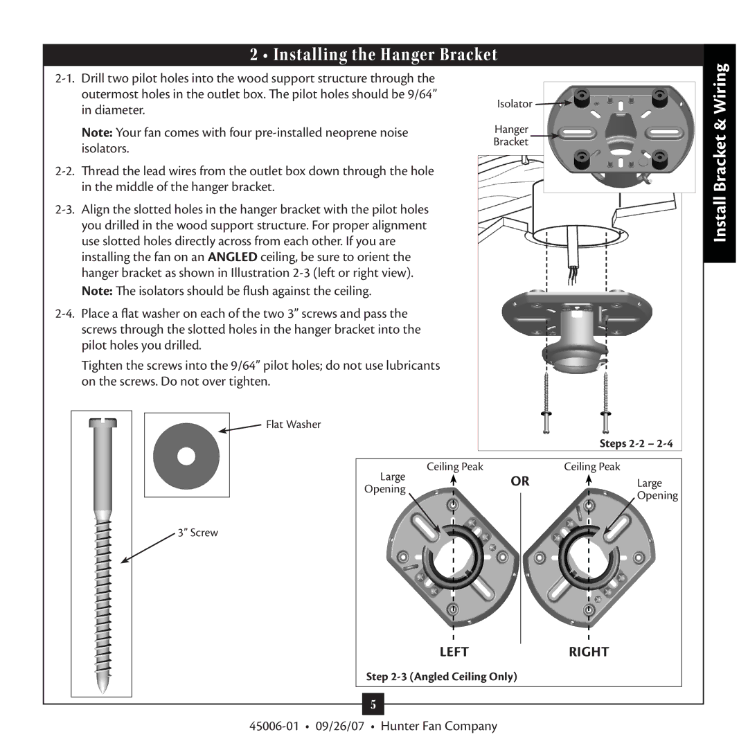 Hunter Fan 45006-0109 warranty Installing the Hanger Bracket, Install Bracket & Wiring 