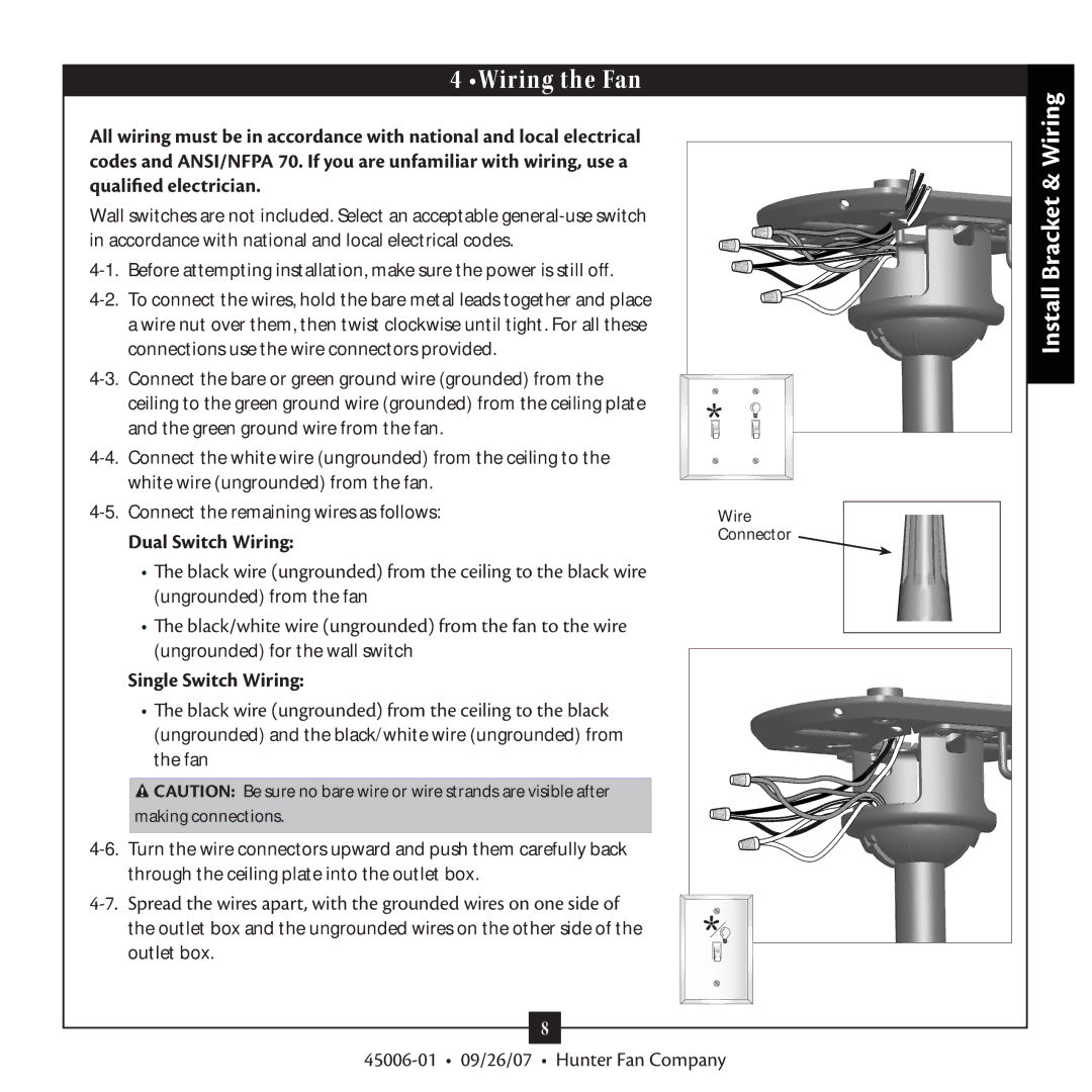 Hunter Fan 45006-0109 warranty Wiring the Fan, Dual Switch Wiring, Single Switch Wiring 