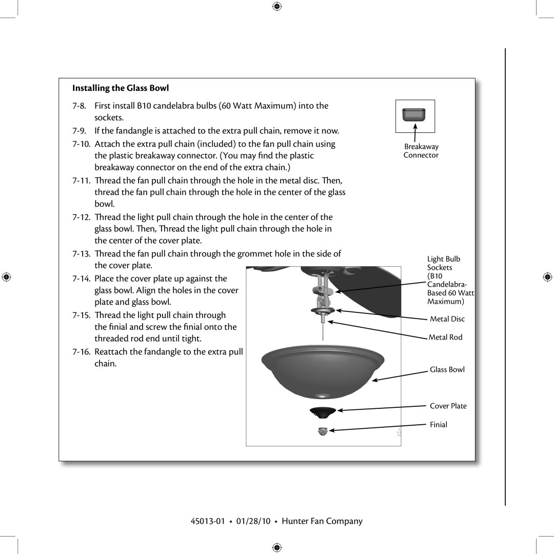 Hunter Fan 45013-01 installation manual Installing the Glass Bowl 