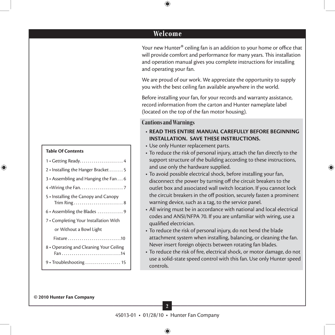 Hunter Fan 45013-01 installation manual Welcome 