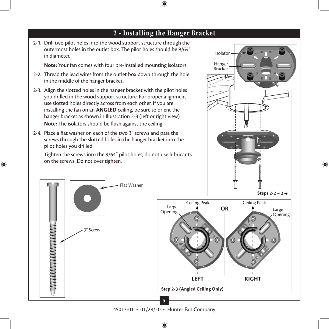 Hunter Fan 45013-01 installation manual Installing the Hanger Bracket 