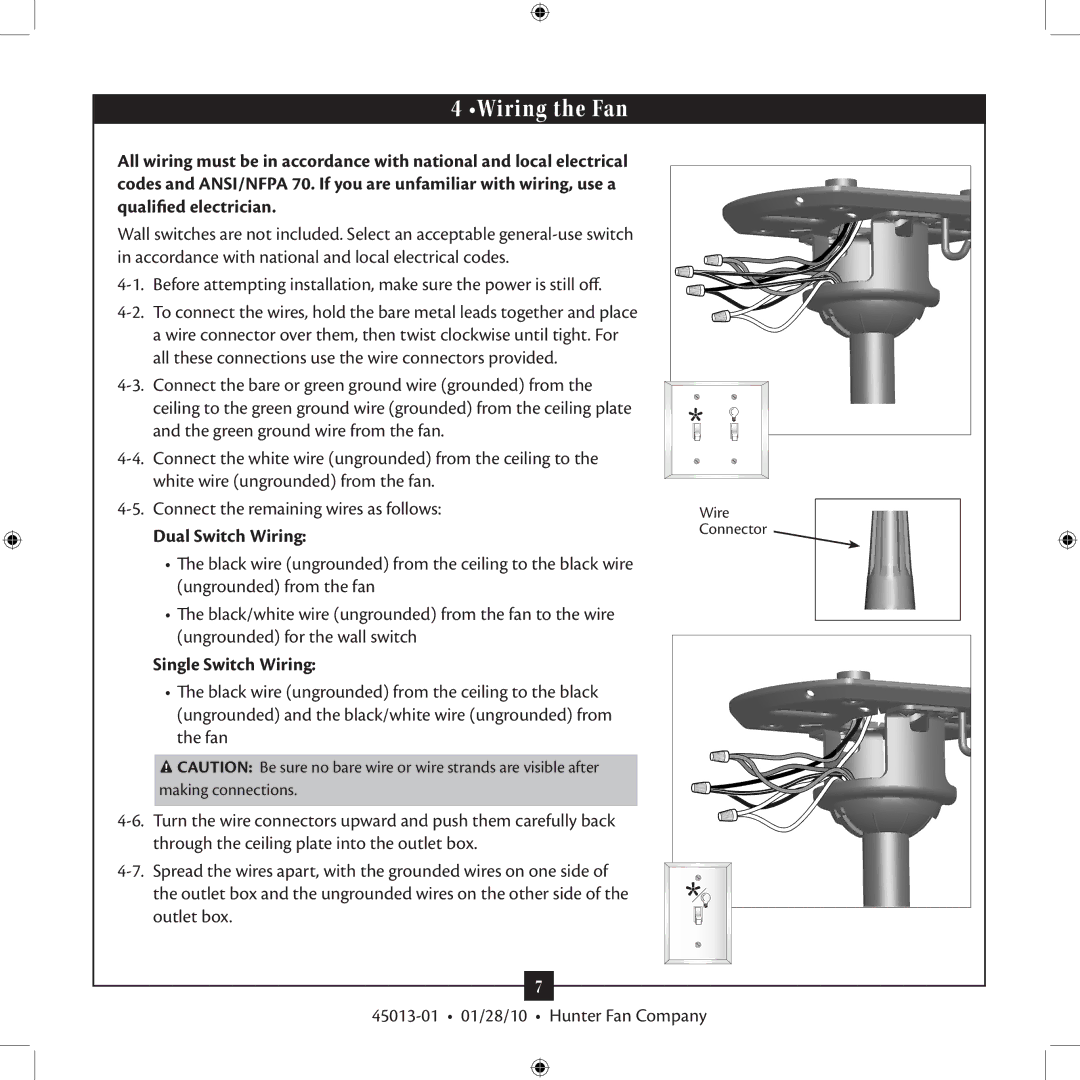 Hunter Fan 45013-01 installation manual Wiring the Fan, Dual Switch Wiring, Single Switch Wiring 