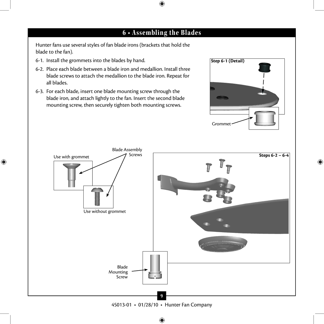 Hunter Fan 45013-01 installation manual Assembling the Blades 