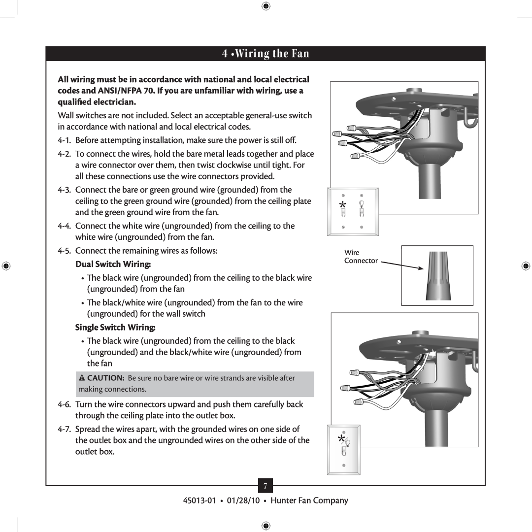 Hunter Fan 45013-01 installation manual Wiring the Fan, Dual Switch Wiring, Single Switch Wiring 