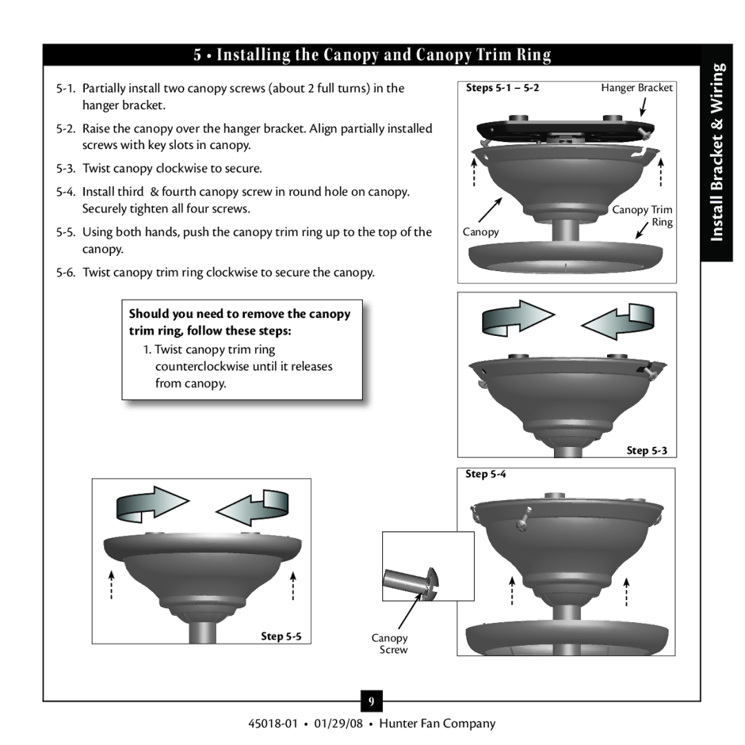 Hunter Fan 45018 warranty Installing the Canopy and Canopy Trim Ring, Bracket & Wiring 