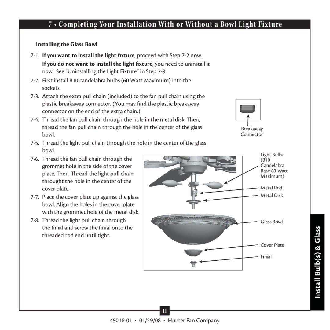 Hunter Fan 45018 warranty Install Bulbs & Glass 