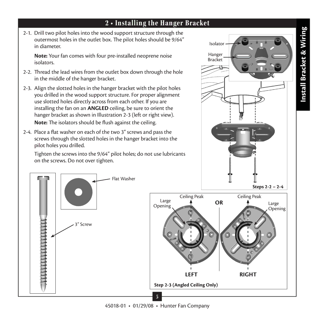 Hunter Fan 45018 warranty Installing the Hanger Bracket, Install Bracket & Wiring 