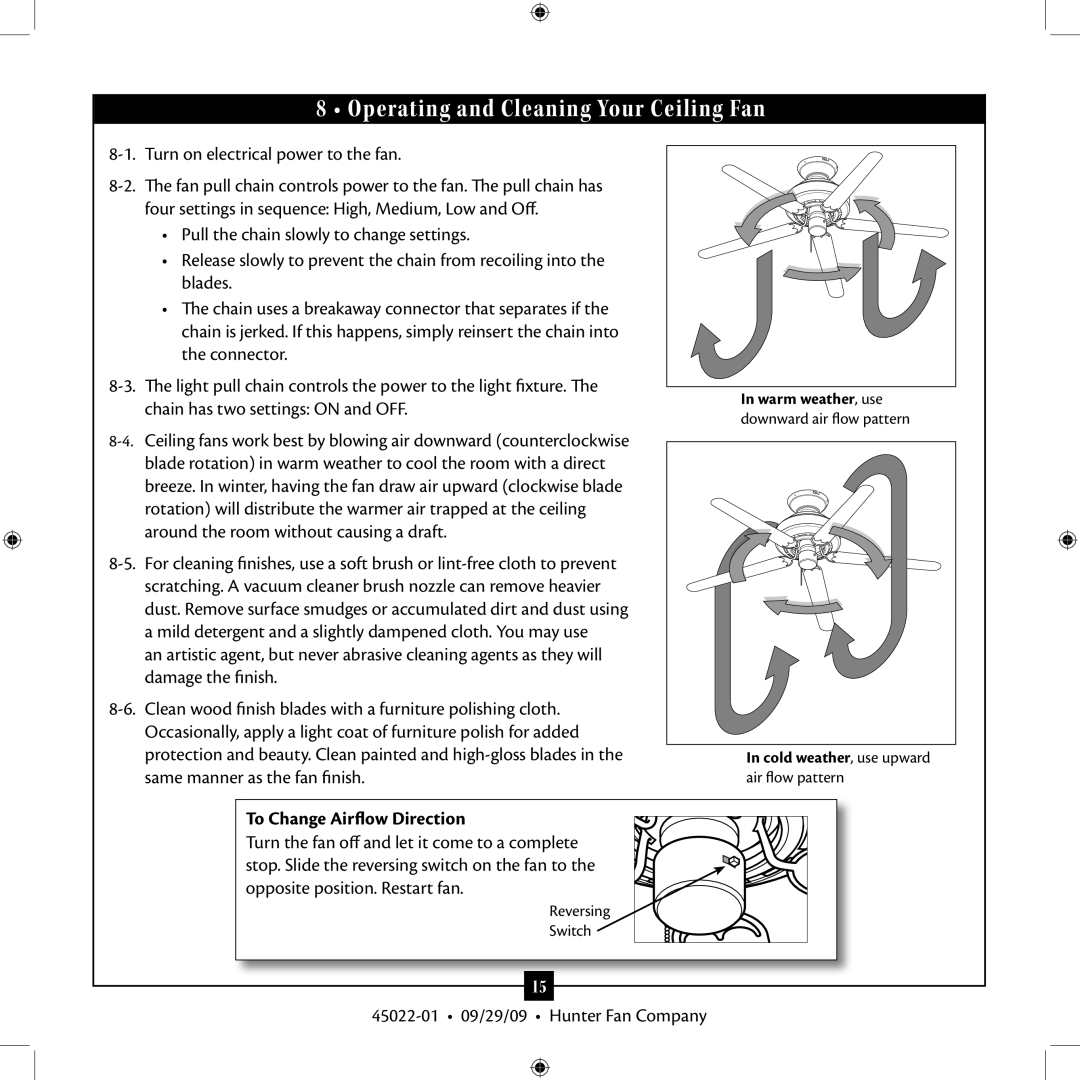 Hunter Fan 45022-01 installation manual Operating and Cleaning Your Ceiling Fan, To Change Airflow Direction 