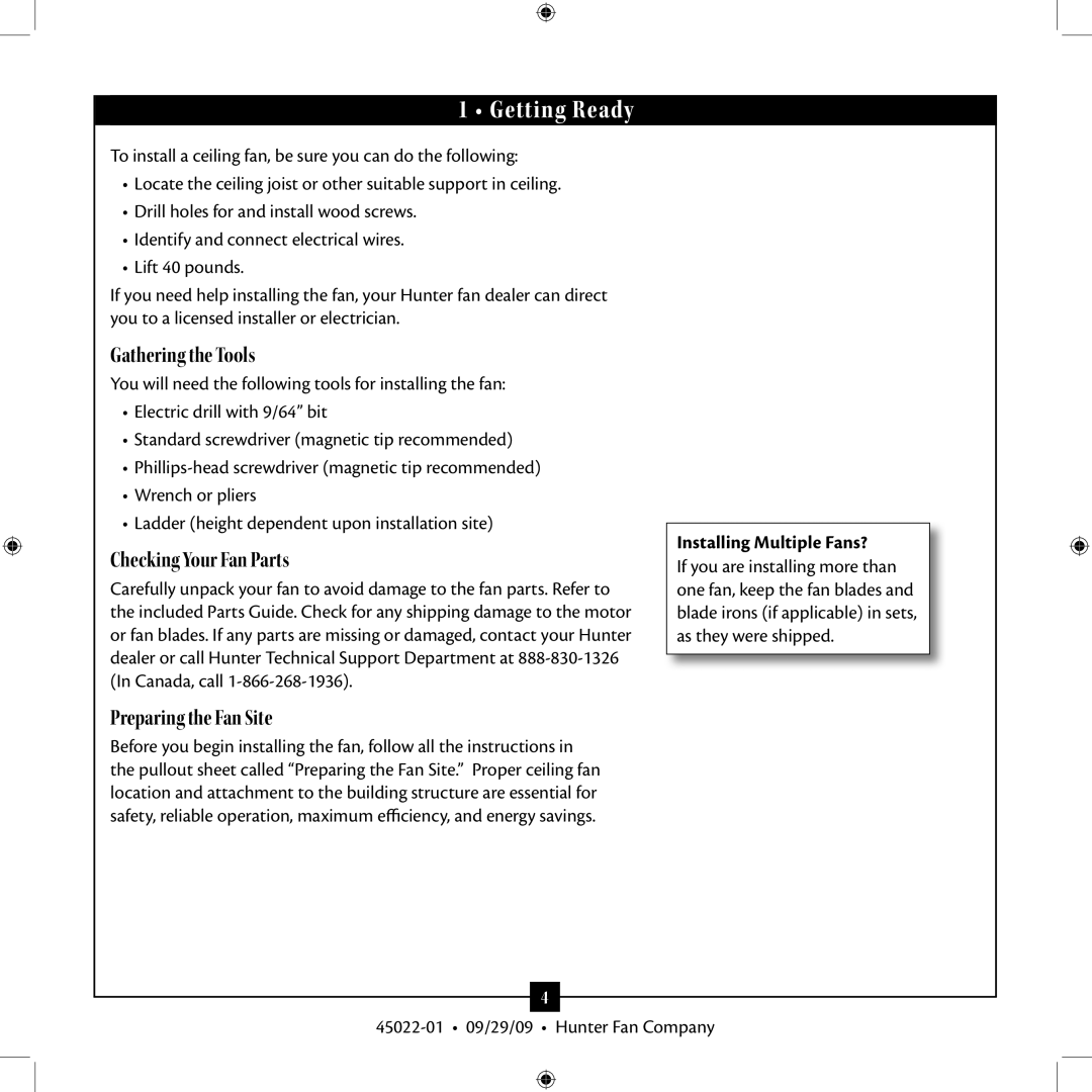 Hunter Fan 45022-01 installation manual Getting Ready, Installing Multiple Fans? 