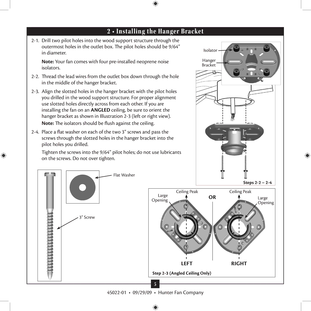 Hunter Fan 45022-01 installation manual Installing the Hanger Bracket 