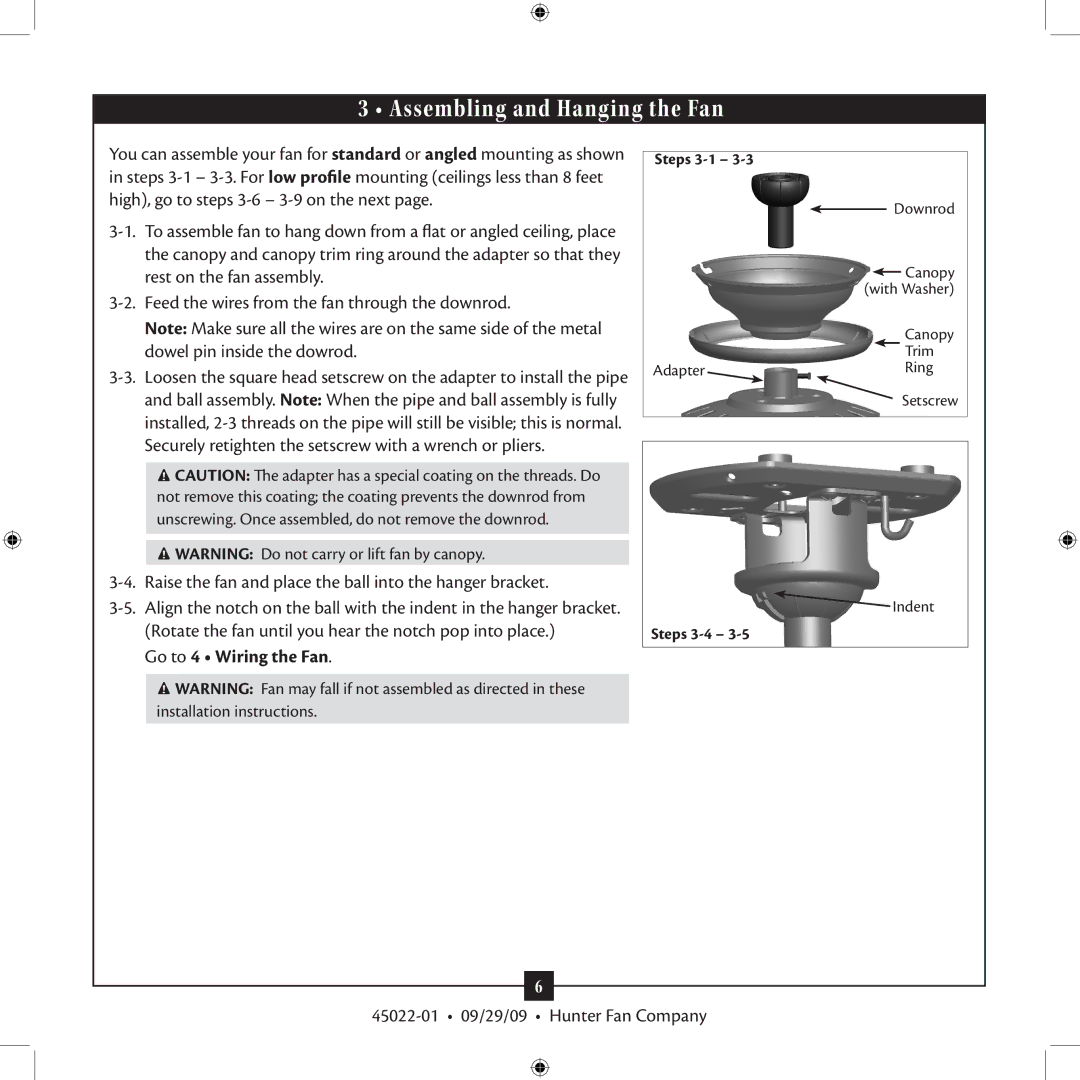 Hunter Fan 45022-01 installation manual Assembling and Hanging the Fan, Go to 4 Wiring the Fan 