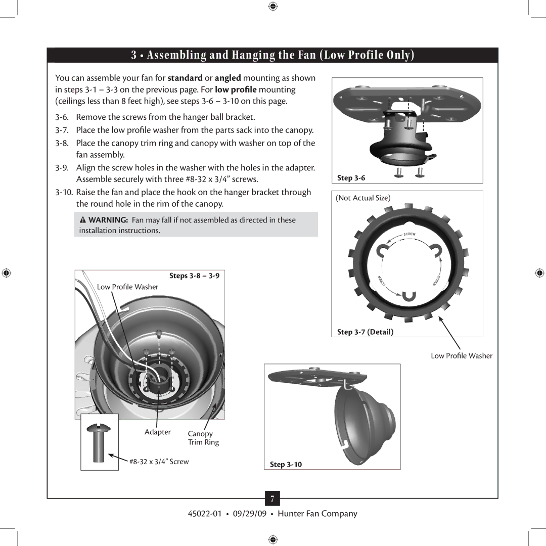 Hunter Fan 45022-01 Assembling and Hanging the Fan Low Profile Only, Remove the screws from the hanger ball bracket 