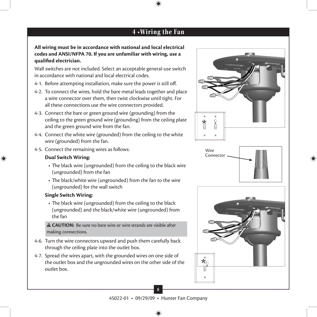 Hunter Fan 45022-01 installation manual Wiring the Fan, Dual Switch Wiring, Single Switch Wiring 