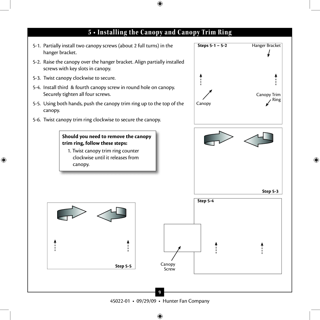 Hunter Fan 45022-01 installation manual Installing the Canopy and Canopy Trim Ring 