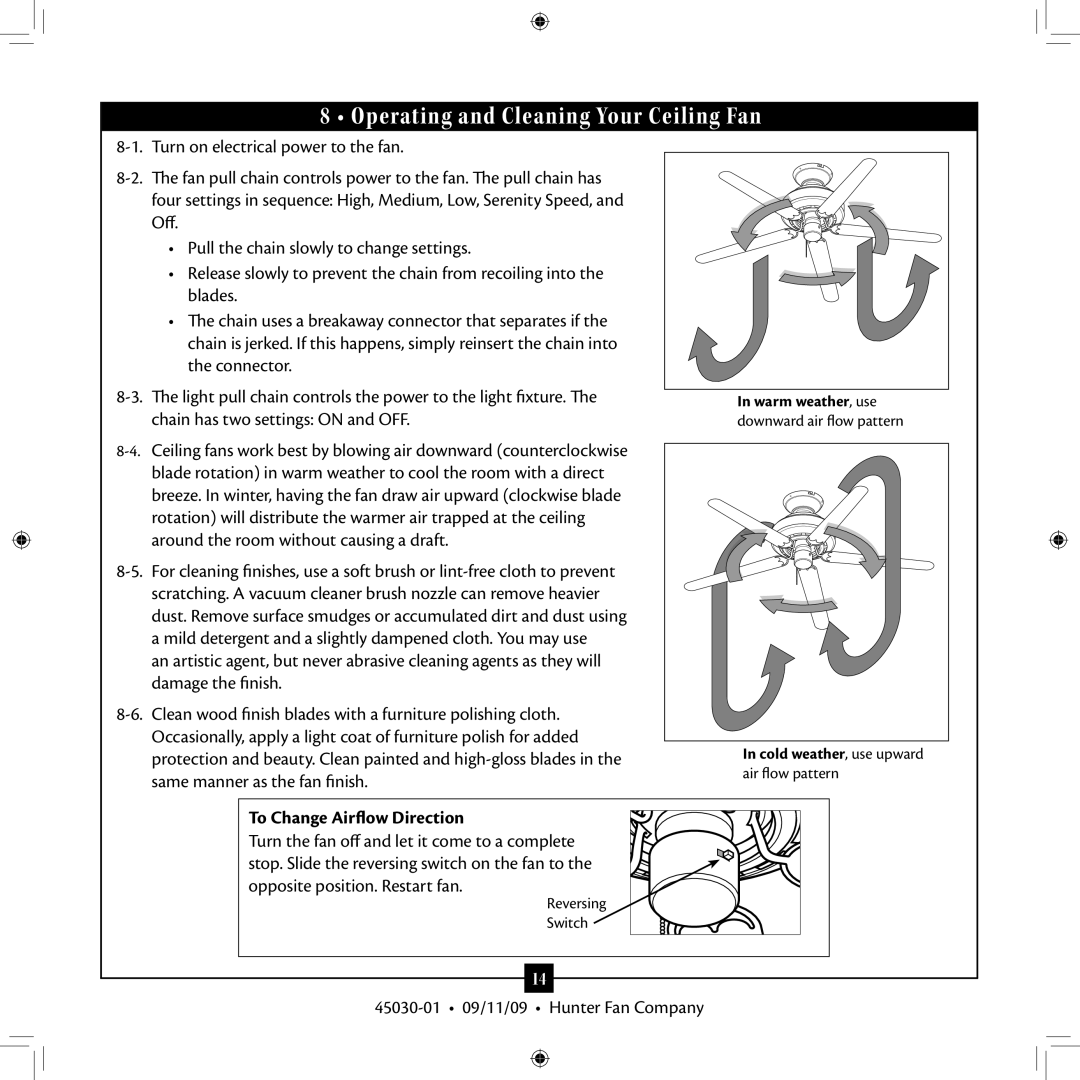 Hunter Fan 45030-01 installation manual Operating and Cleaning Your Ceiling Fan, To Change Airflow Direction 