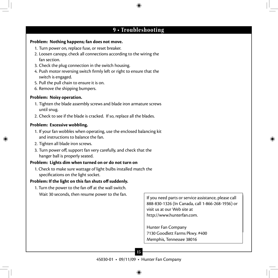 Hunter Fan 45030-01 installation manual Troubleshooting 