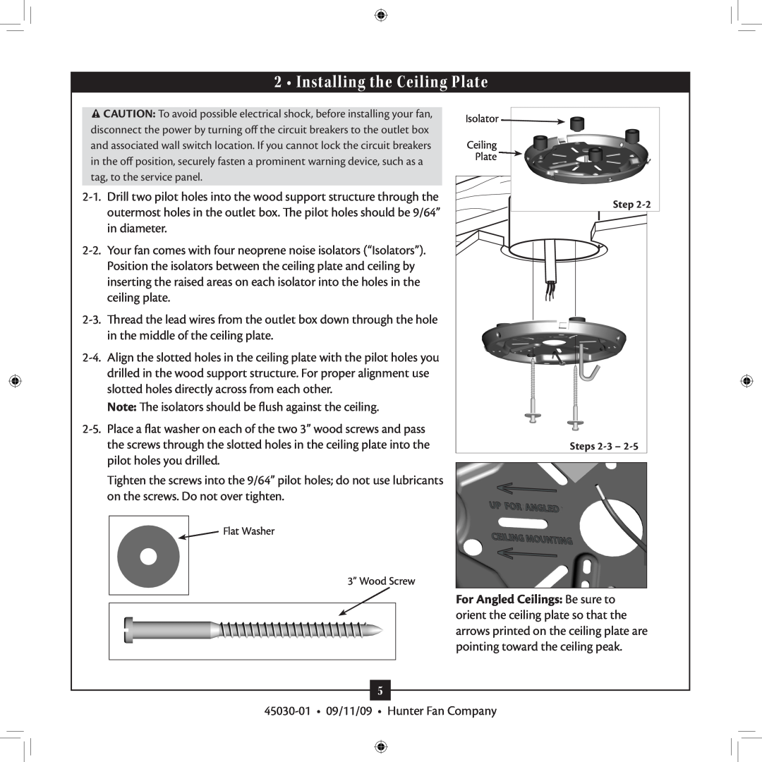 Hunter Fan 45030-01 installation manual Installing the Ceiling Plate 