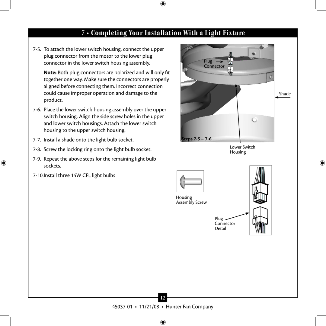 Hunter Fan 45037-01 installation manual Completing Your Installation With a Light Fixture 