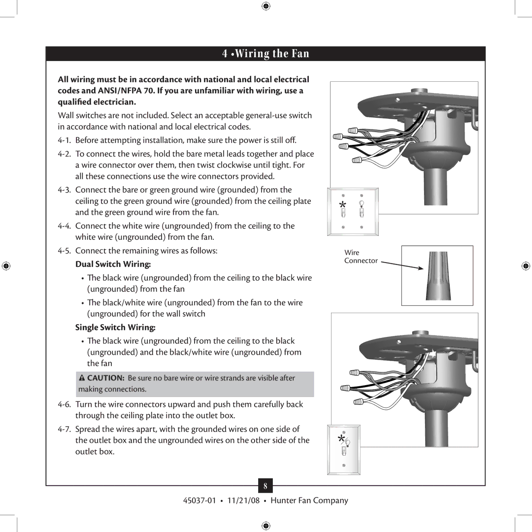 Hunter Fan 45037-01 installation manual Wiring the Fan, Dual Switch Wiring, Single Switch Wiring 