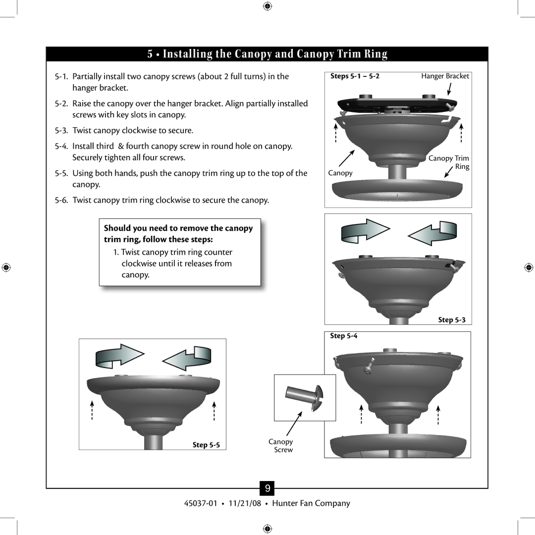 Hunter Fan 45037-01 installation manual Installing the Canopy and Canopy Trim Ring 