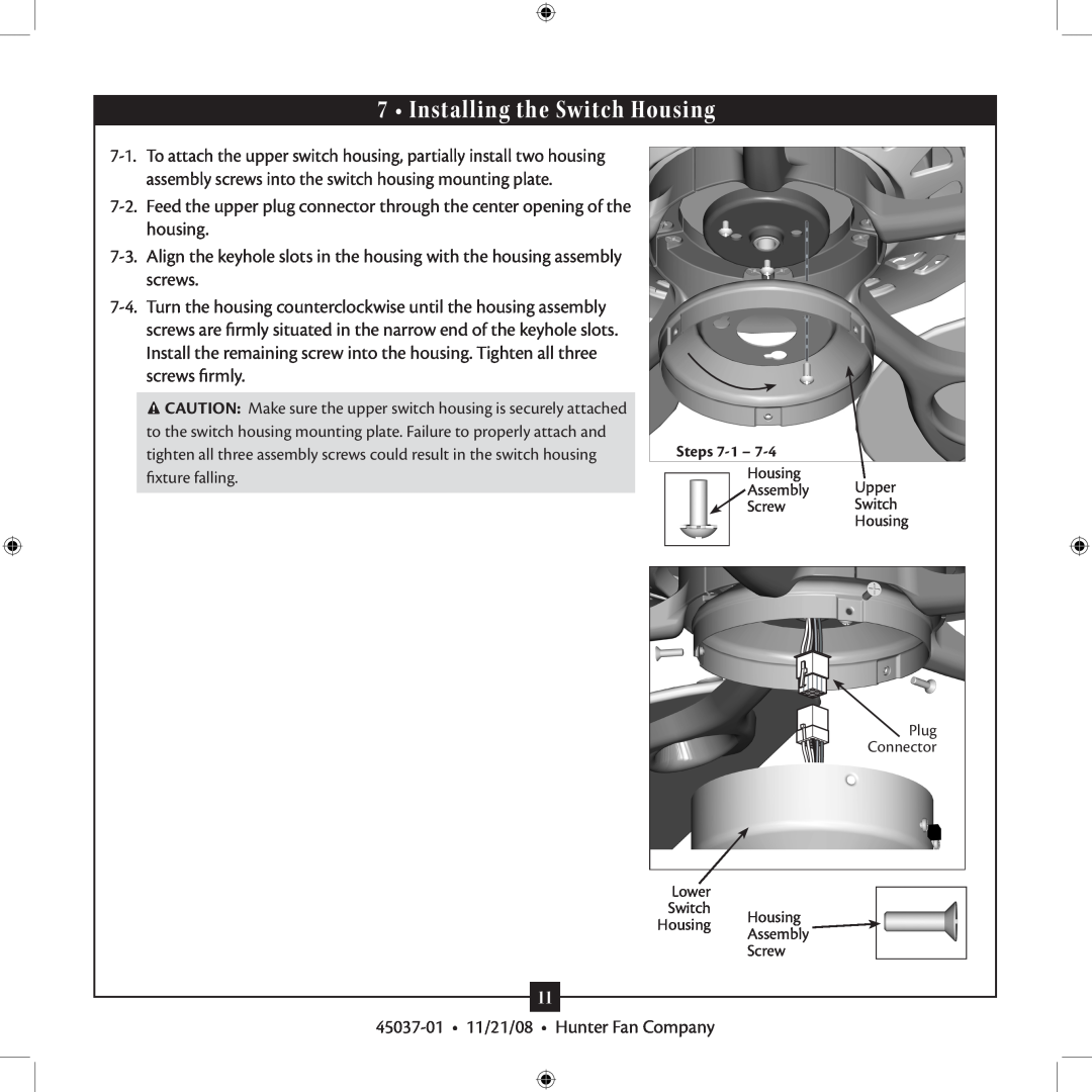 Hunter Fan 45037-01 installation manual Installing the Switch Housing 