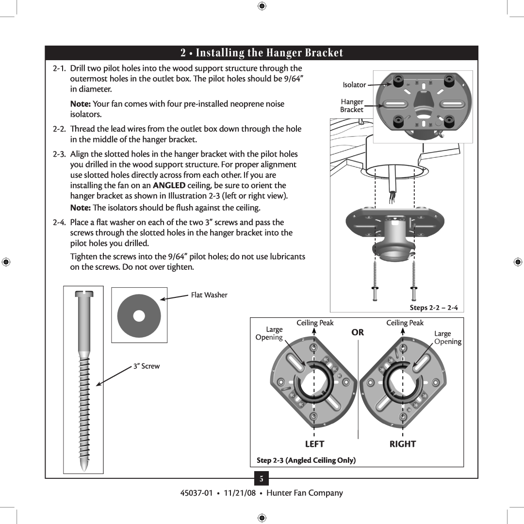 Hunter Fan 45037-01 installation manual Installing the Hanger Bracket, Left, Right 