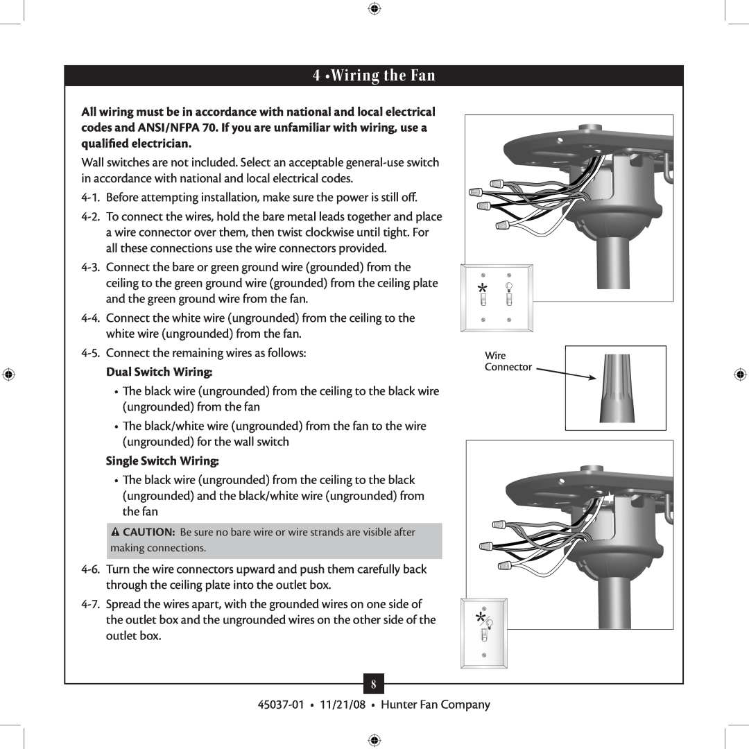 Hunter Fan 45037-01 installation manual Wiring the Fan, Dual Switch Wiring, Single Switch Wiring 