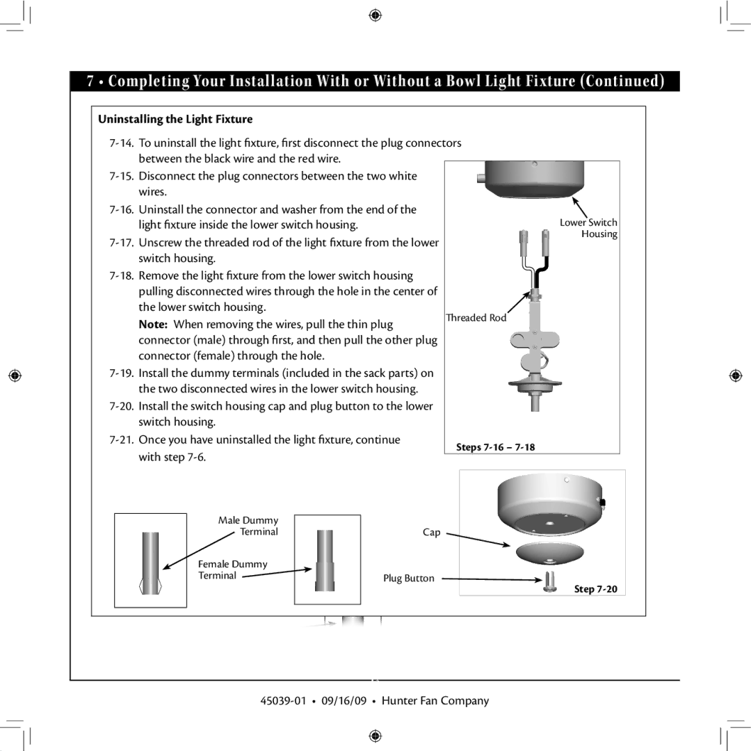 Hunter Fan 45039-01 installation manual Uninstalling the Light Fixture 