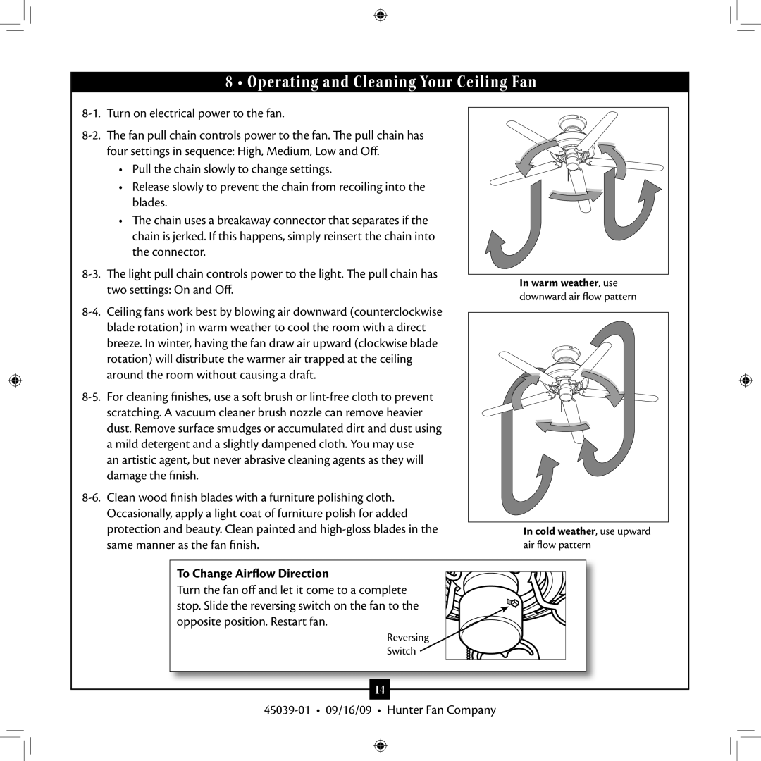 Hunter Fan 45039-01 installation manual Operating and Cleaning Your Ceiling Fan, To Change Airflow Direction 