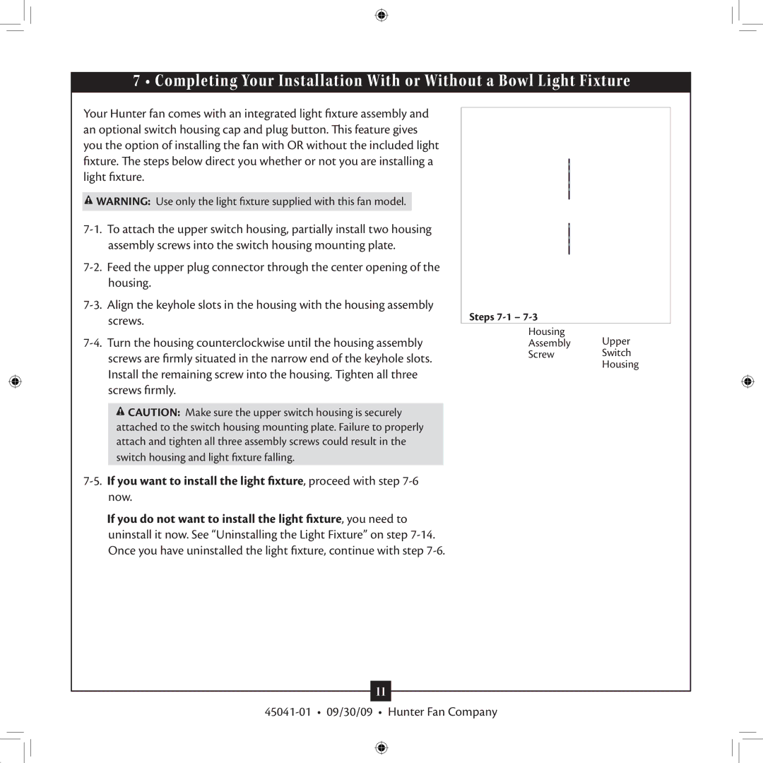 Hunter Fan 45041-01 installation manual Housing Assembly Upper Screw Switch 