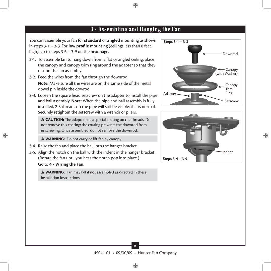 Hunter Fan 45041-01 installation manual Assembling and Hanging the Fan, Go to 4 Wiring the Fan 