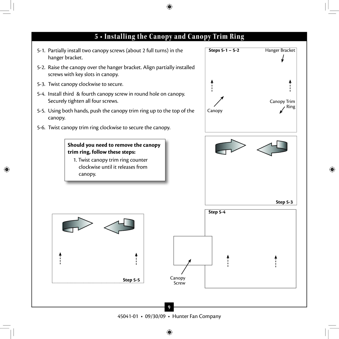 Hunter Fan 45041-01 installation manual Installing the Canopy and Canopy Trim Ring 