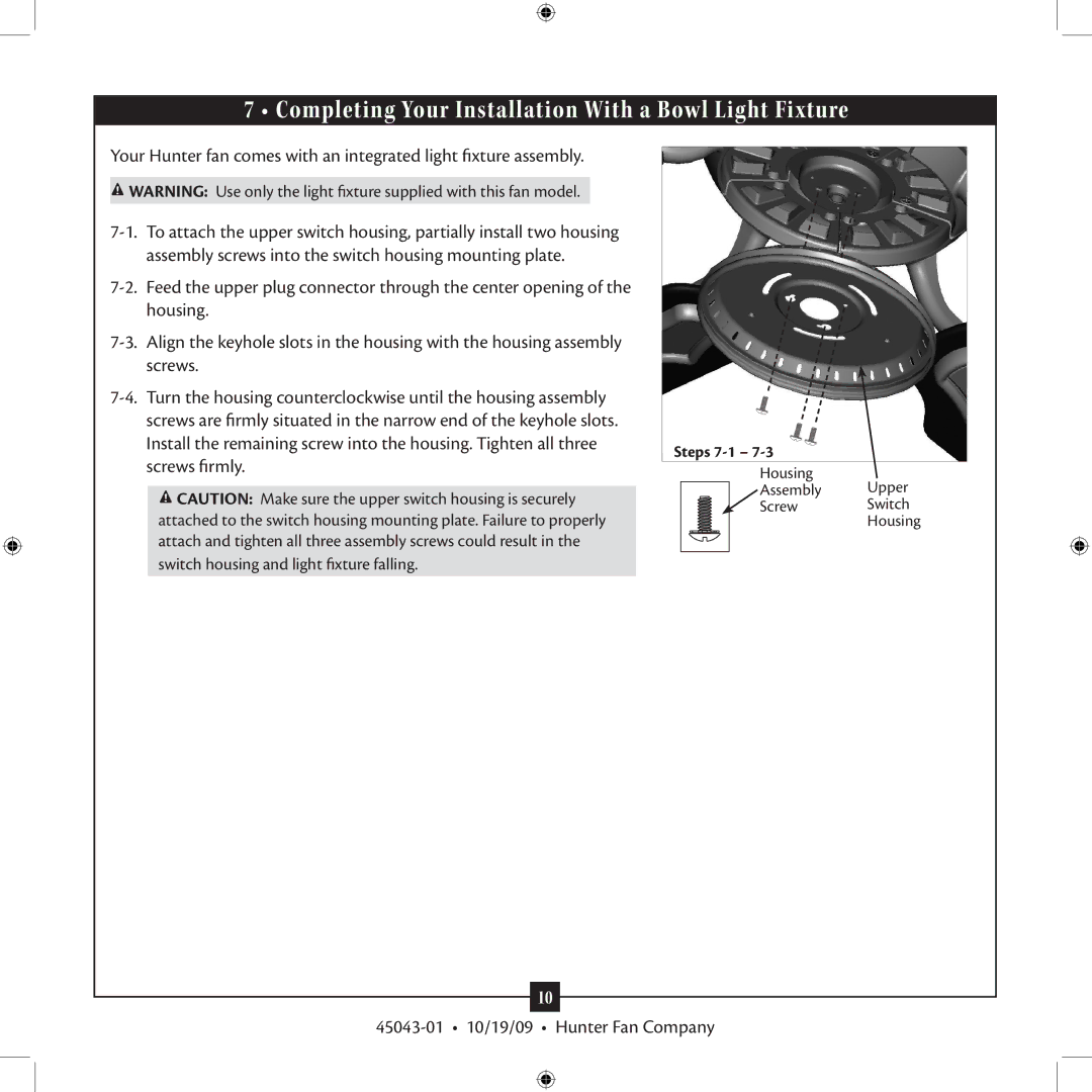 Hunter Fan 45043-01 installation manual Completing Your Installation With a Bowl Light Fixture 