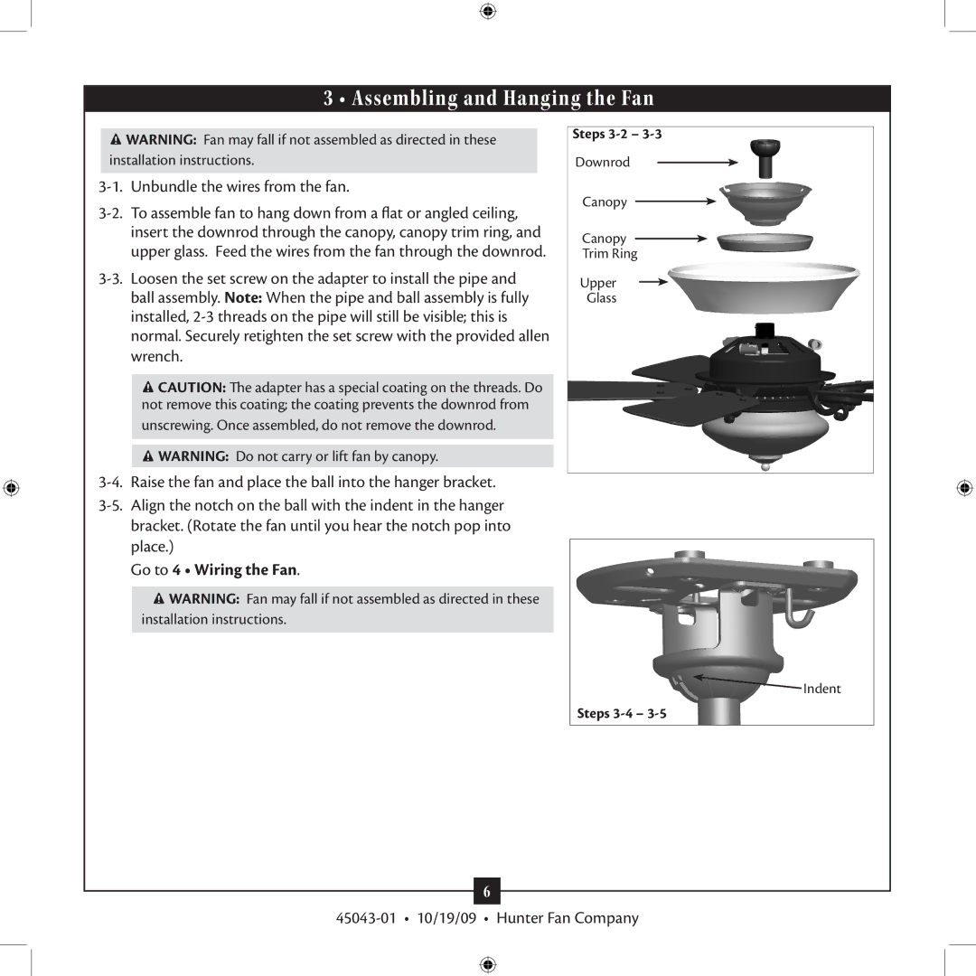 Hunter Fan 45043-01 installation manual Assembling and Hanging the Fan, Go to 4 Wiring the Fan 