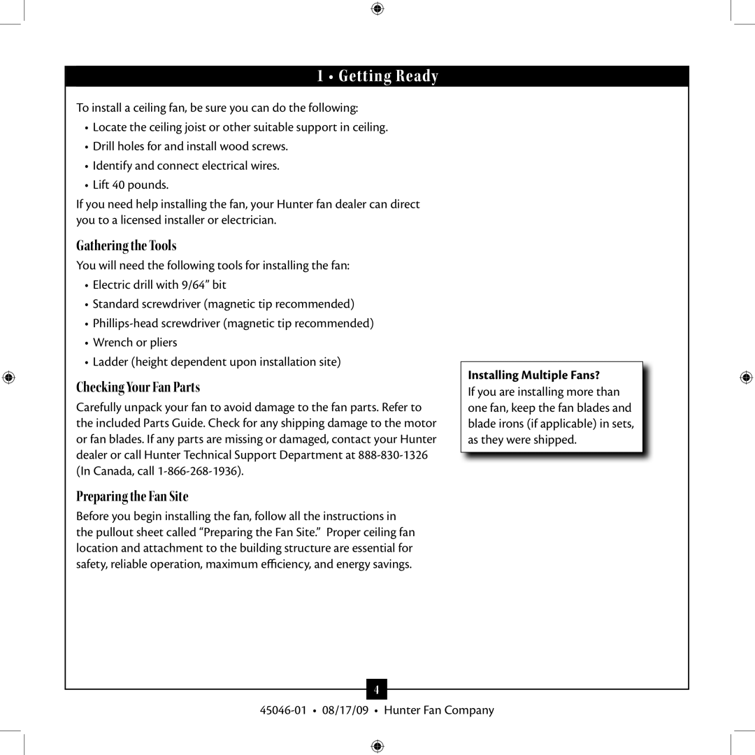 Hunter Fan 45046-01 installation manual Getting Ready, Installing Multiple Fans? 