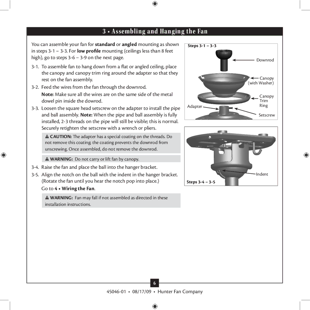 Hunter Fan 45046-01 installation manual Assembling and Hanging the Fan, Go to 4 Wiring the Fan 