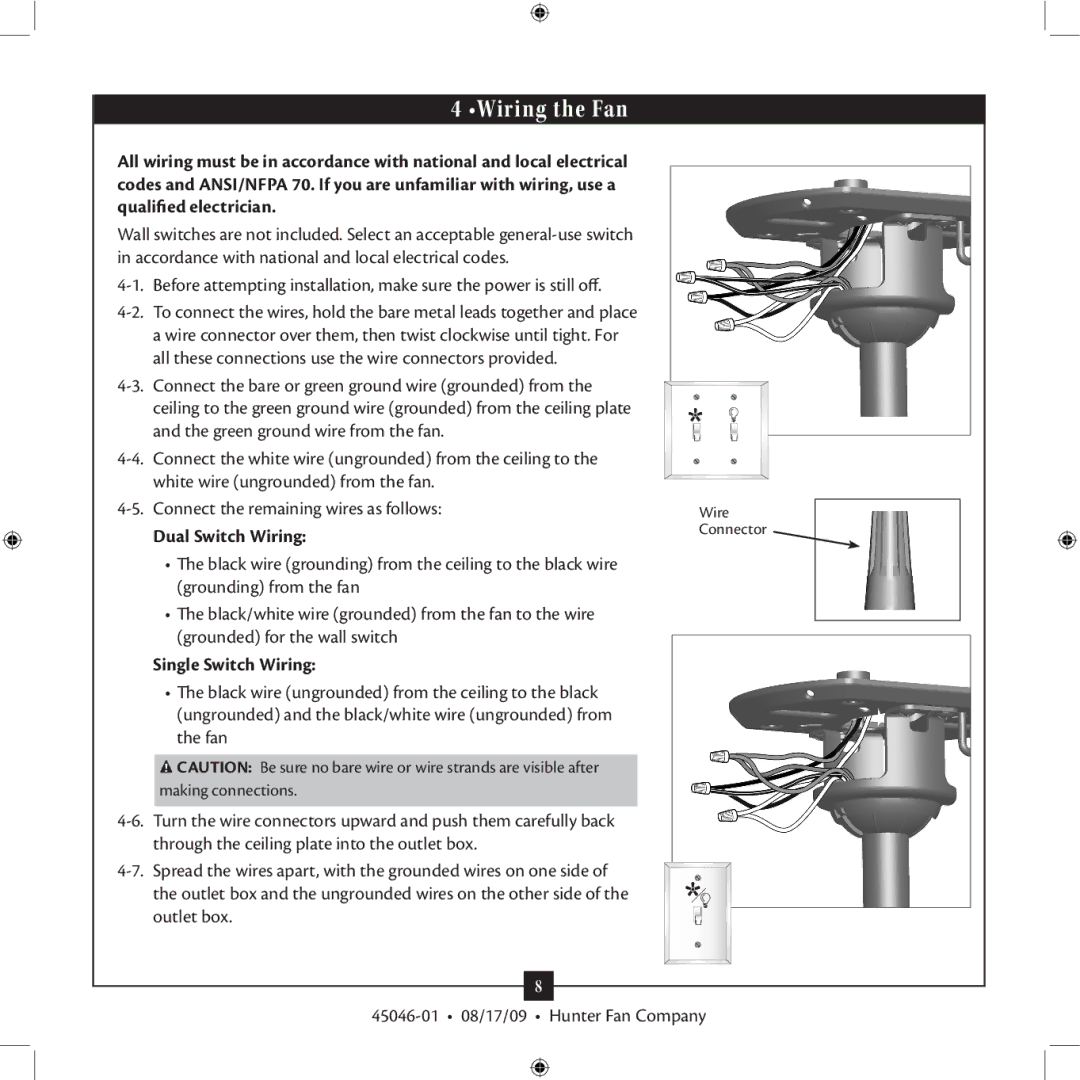 Hunter Fan 45046-01 installation manual Wiring the Fan, Dual Switch Wiring, Single Switch Wiring 