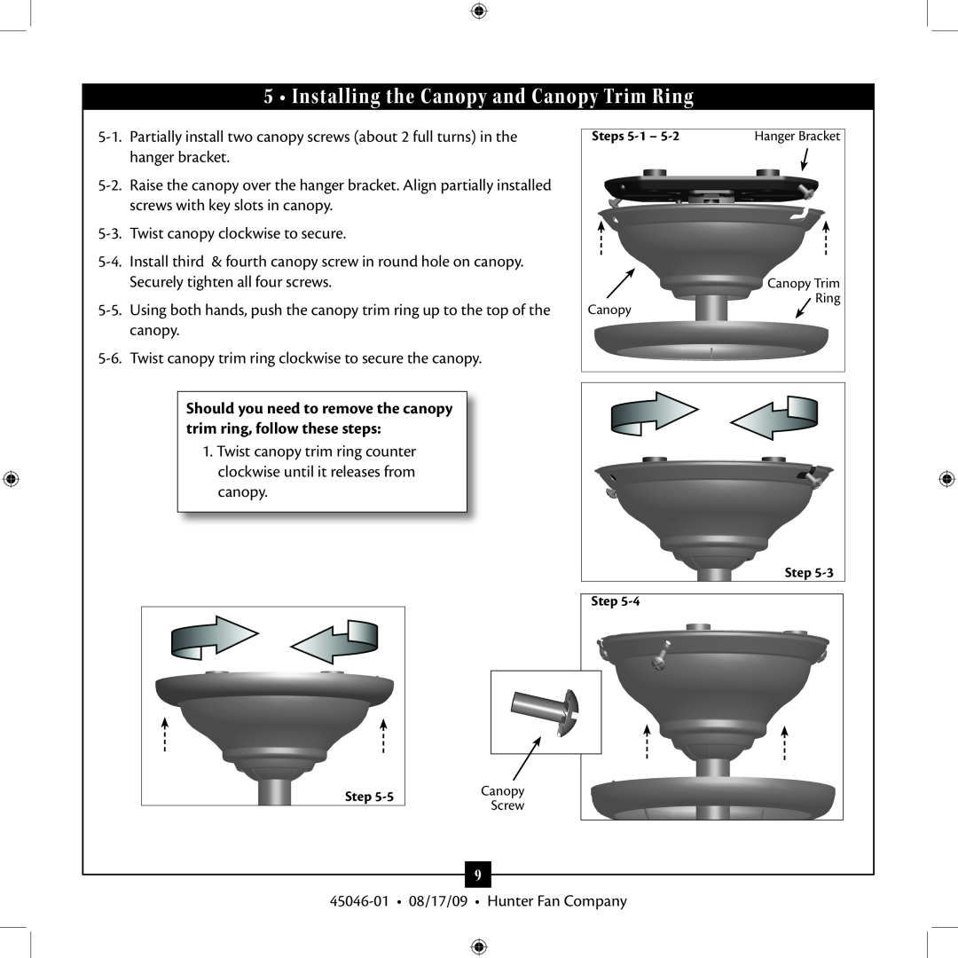Hunter Fan 45046-01 installation manual Installing the Canopy and Canopy Trim Ring 