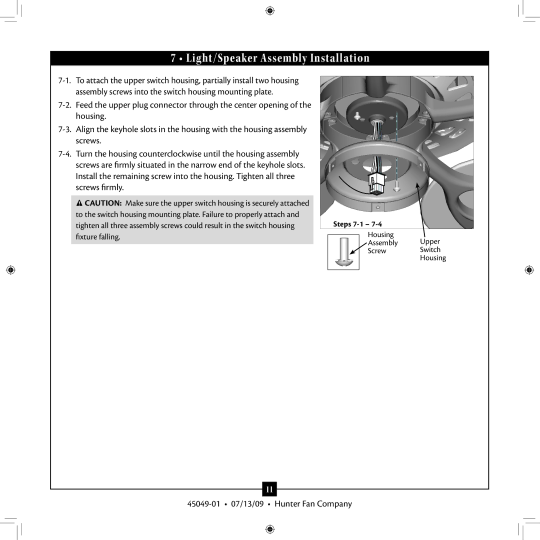 Hunter Fan 45049-01 installation manual Light/Speaker Assembly Installation 