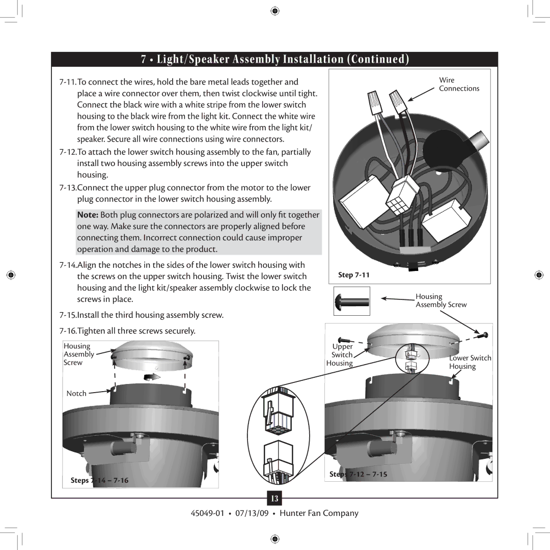 Hunter Fan 45049-01 installation manual Steps 7-14 Steps 7-12 