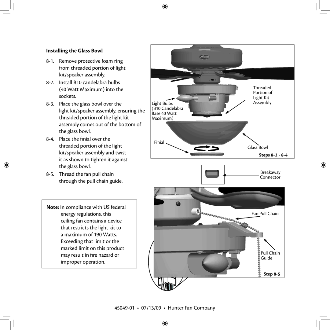 Hunter Fan 45049-01 installation manual Glass Installation, Installing the Glass Bowl 